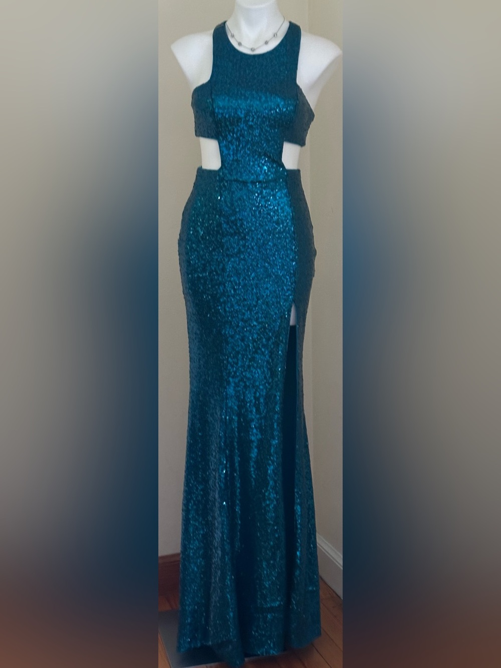 FAVIANA Teal Blue Cut Out sequin embellishment Long Front Slit Maxi Dress Sz 2